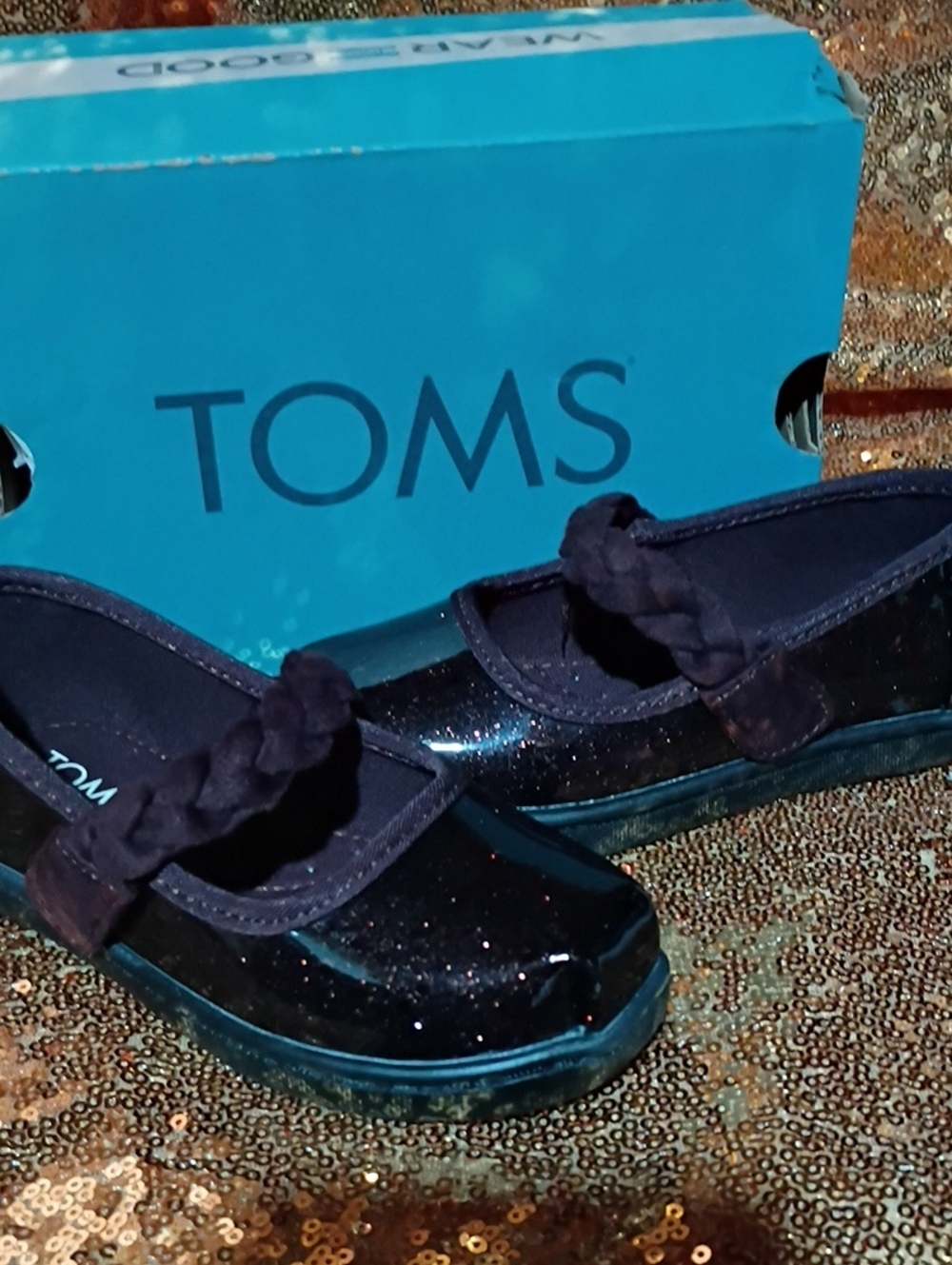 Toms Brown Glitter Braided Strap Mary Jane Flats